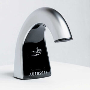 Automatic soap dispenser with silver and black design, labeled "AUTOSOAP" above hand symbol.