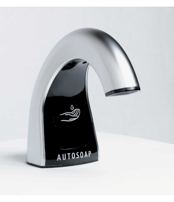 Automatic soap dispenser with silver and black design, labeled "AUTOSOAP" above hand symbol.