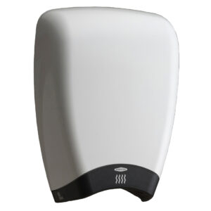 White automatic hand dryer with sleek design, black base, for public restrooms.