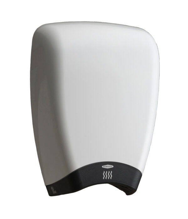 White automatic hand dryer with sleek design, black base, for public restrooms.