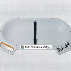 Wall-mounted baby changing station with safety strap, labels, and user instructions.