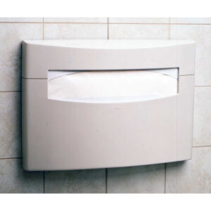 Beige wall-mounted paper towel dispenser on tiled wall.