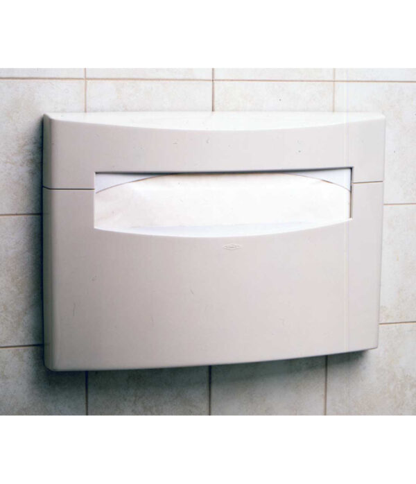 Beige wall-mounted paper towel dispenser on tiled wall.