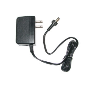 Black AC power adapter with two-prong plug and barrel connector for electronics.