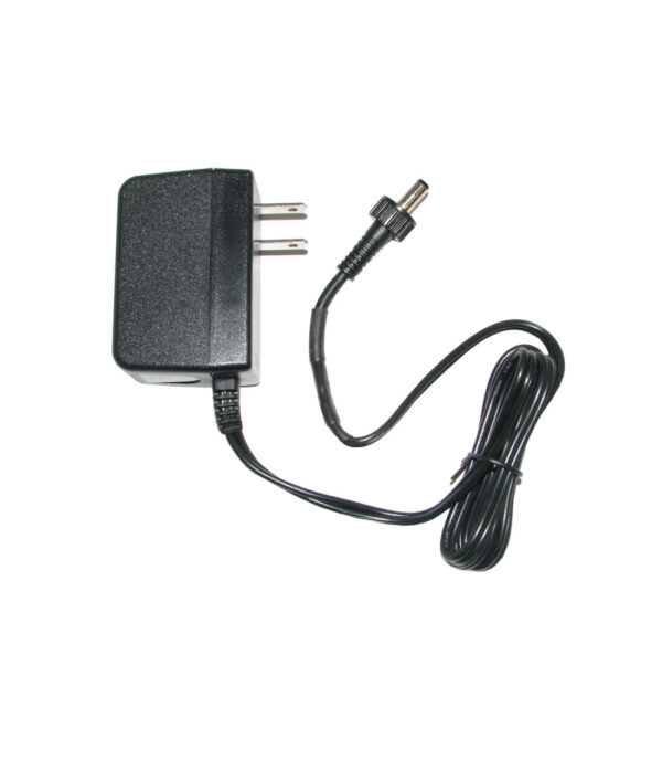 Black AC power adapter with two-prong plug and barrel connector for electronics.