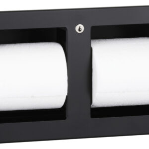 Black dual toilet paper dispenser with two white rolls and a lock.