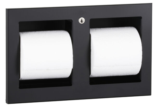 Black dual toilet paper dispenser with two white rolls and a lock.