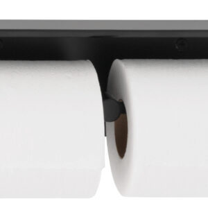 Black holder with two rolls of white toilet paper mounted on a wall.