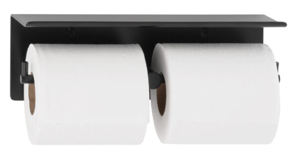 Black holder with two rolls of white toilet paper mounted on a wall.