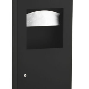 Black metal cabinet with recessed white paper towel dispenser and front panel screws.