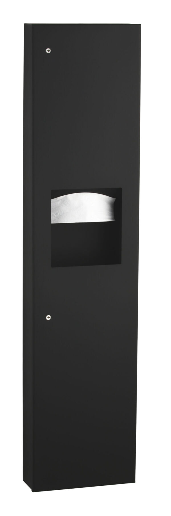 Black metal cabinet with recessed white paper towel dispenser and front panel screws.