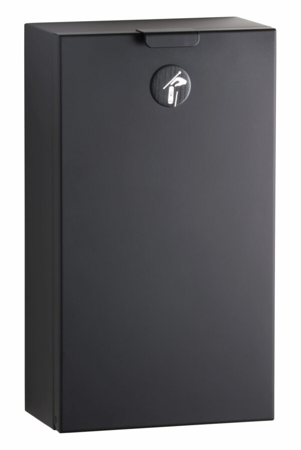 Black wall-mounted metal cigarette disposal box with purpose symbol.