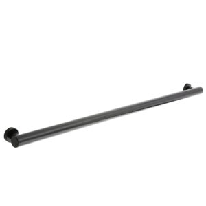 Black metal towel bar with minimalist design and cylindrical supports.