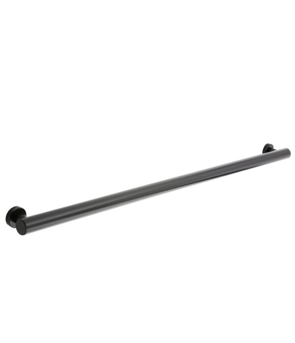 Black metal towel bar with minimalist design and cylindrical supports.