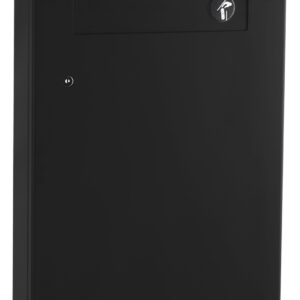 Black rectangular metal box with wall mount and key-operated lock on one side.