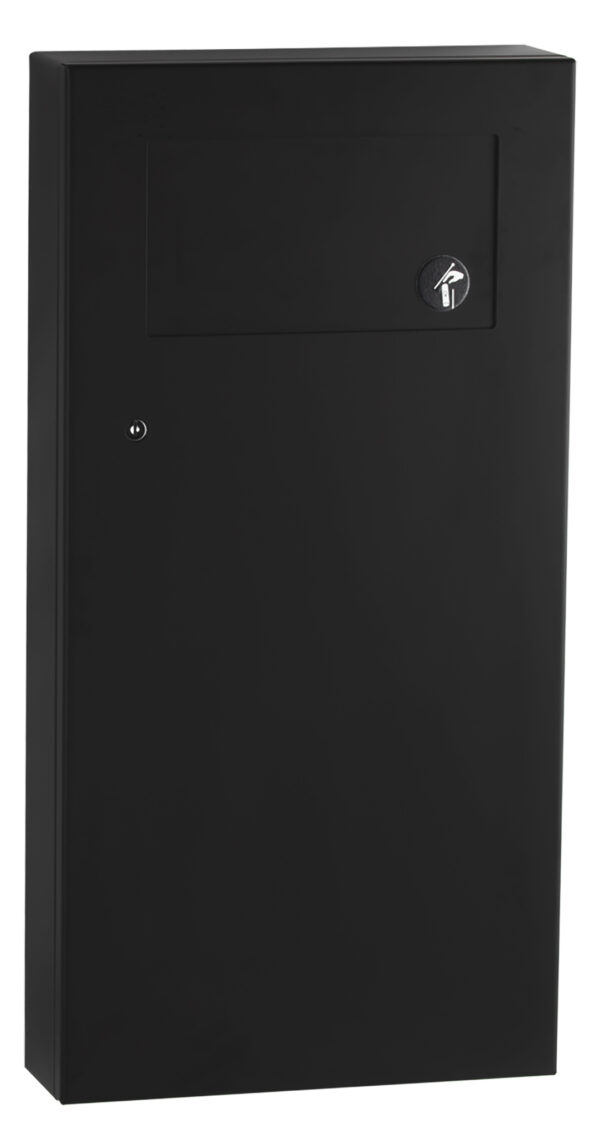 Black rectangular metal box with wall mount and key-operated lock on one side.