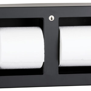 Black metal wall-mounted toilet paper dispenser with lock and two rolls.