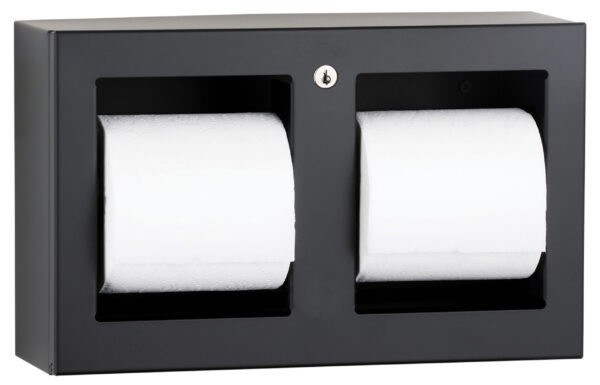 Black metal wall-mounted toilet paper dispenser with lock and two rolls.