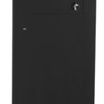 Black metallic storage box with small door, circular knob, and logo near top right corner.