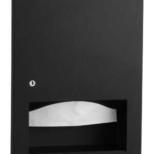 Black wall-mounted dispenser with a lock, visible paper towels through an opening.