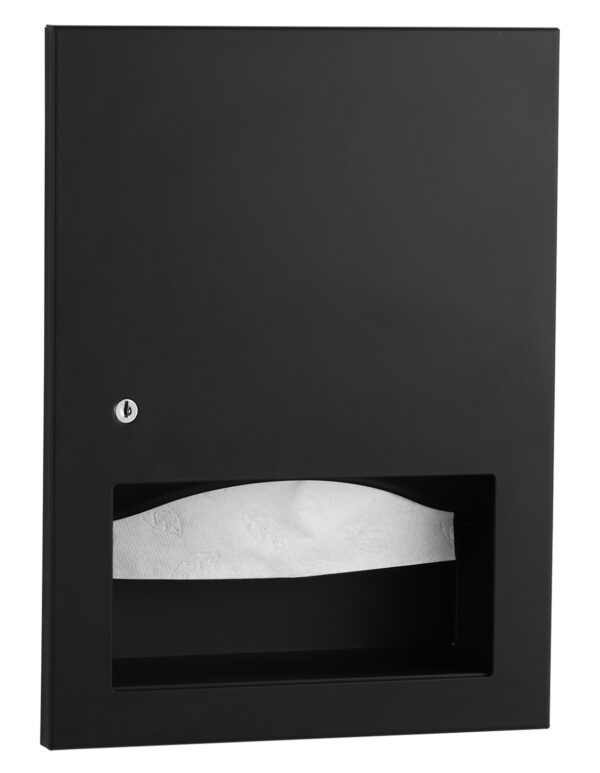 Black wall-mounted dispenser with a lock, visible paper towels through an opening.