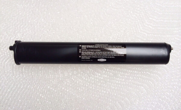 Black plastic spindle with paper loading instructions and "Bobrick" branding.