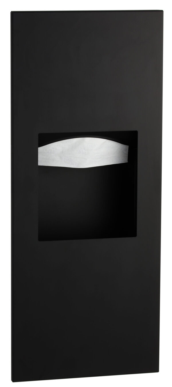 Black rectangular panel with central cutout showing white tissue or paper dispenser inside.