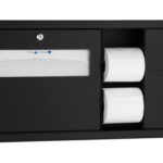 Black wall-mounted restroom dispenser with paper towel holder and toilet paper rolls.