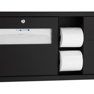 Black wall-mounted restroom dispenser with paper towel holder and toilet paper rolls.