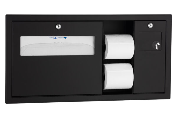 Black wall-mounted restroom dispenser with paper towel holder and toilet paper rolls.