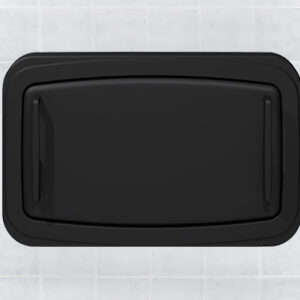 Rectangular black trash can lid with raised edges on a tiled surface.