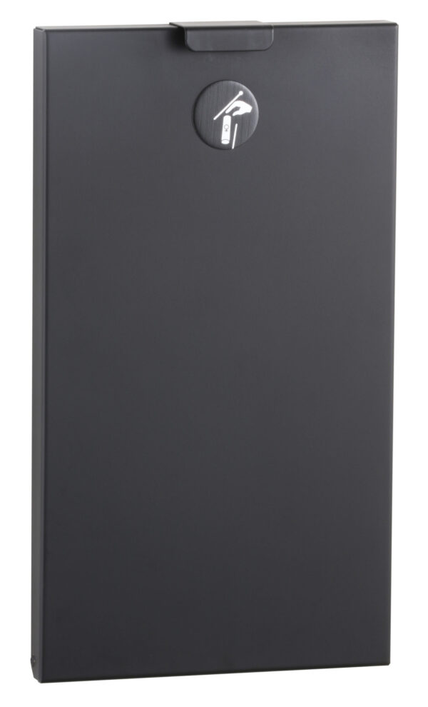 Black wall-mounted cigarette disposal unit with hand symbol on the front.