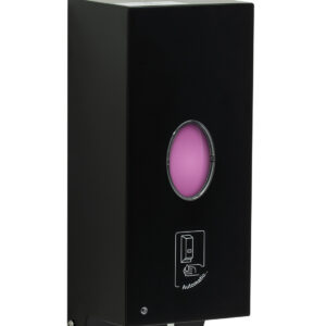 Black wall-mounted automatic dispenser with pink liquid and hands-free icon.