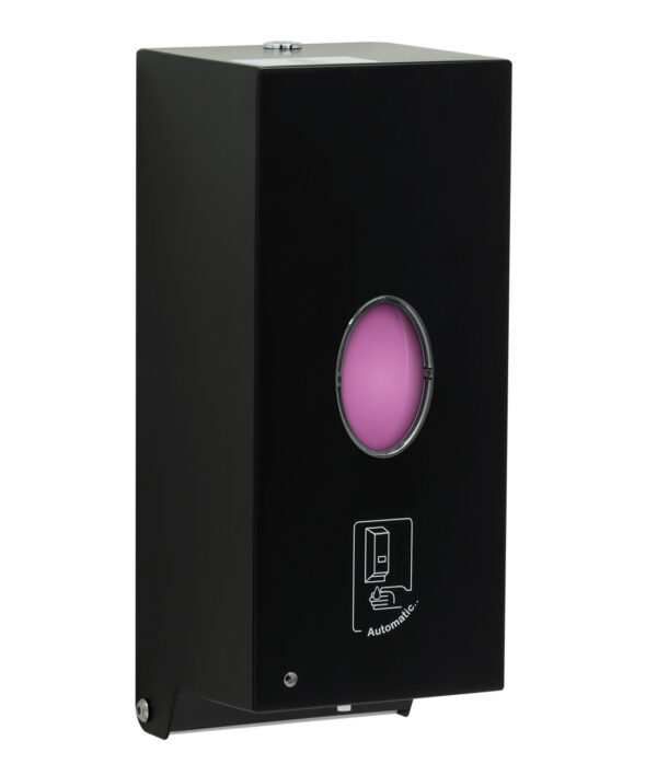 Black wall-mounted automatic dispenser with pink liquid and hands-free icon.