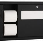 Black wall-mounted dispenser with two toilet paper rolls and paper towels, both locked.