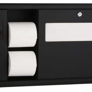 Black wall-mounted dispenser with two toilet paper rolls and paper towels, both locked.