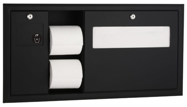 Black wall-mounted dispenser with two toilet paper rolls and paper towels, both locked.