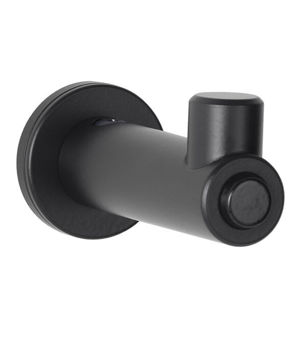 Black wall hook with cylindrical body, round base, and single peg for hanging items.