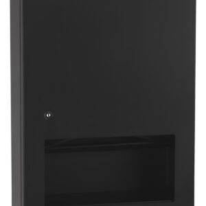 Black wall-mounted metal cabinet with lock and rectangular storage compartment.