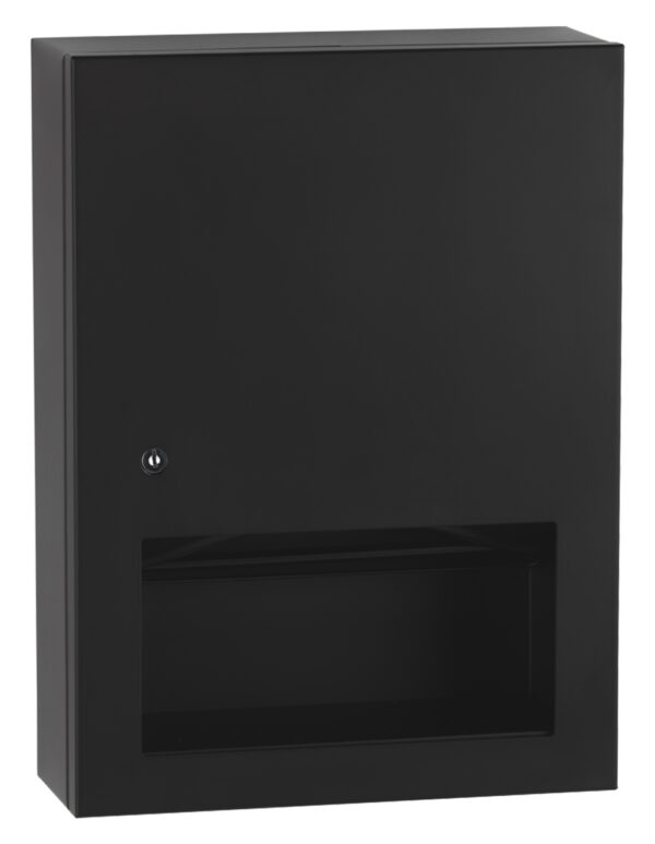 Black wall-mounted metal cabinet with lock and rectangular storage compartment.