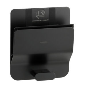 Black wall-mounted file holder with curved design and top logo.