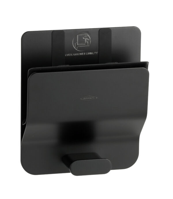 Black wall-mounted file holder with curved design and top logo.