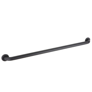 Black wall-mounted grab bar with cylindrical design and rounded ends for secure attachment.