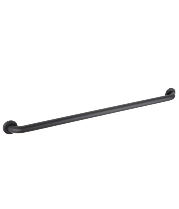 Black wall-mounted grab bar with cylindrical design and rounded ends for secure attachment.