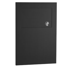 Black wall-mounted mailbox, rectangular, with white mail icon on the front.