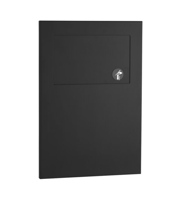 Black wall-mounted mailbox, rectangular, with white mail icon on the front.