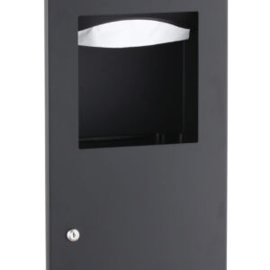 Black wall-mounted paper towel dispenser with locks and a central dispensing opening.