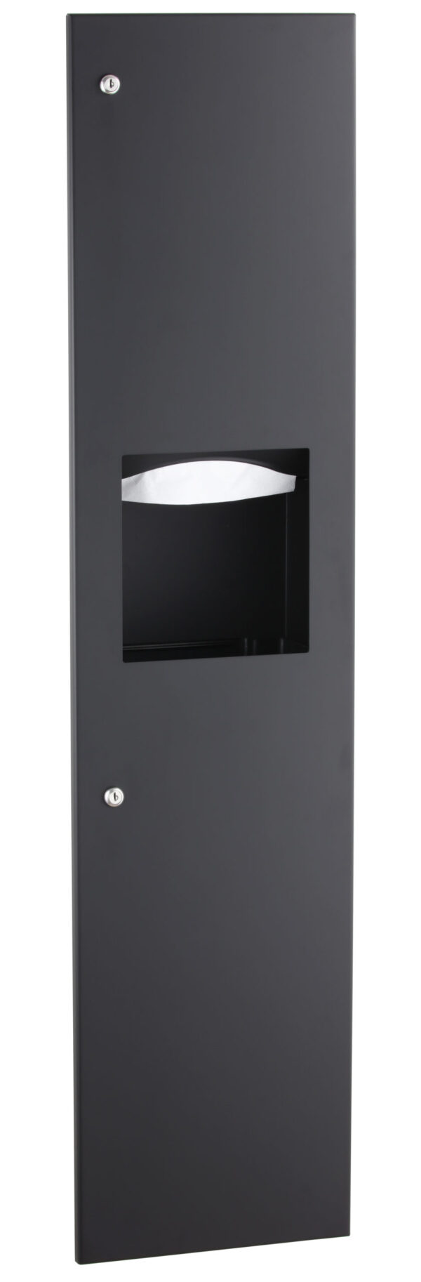 Black wall-mounted paper towel dispenser with locks and a central dispensing opening.