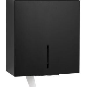 Black wall-mounted paper towel dispenser with rectangular design and towel protruding below.