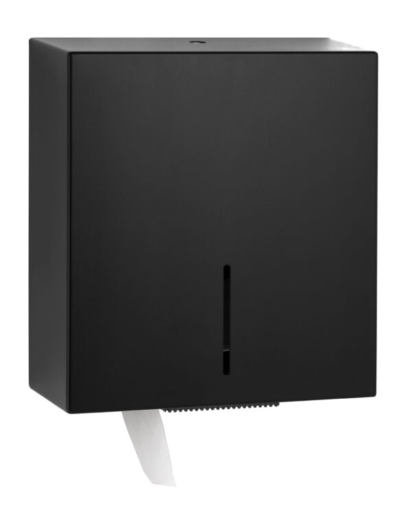 Black wall-mounted paper towel dispenser with rectangular design and towel protruding below.